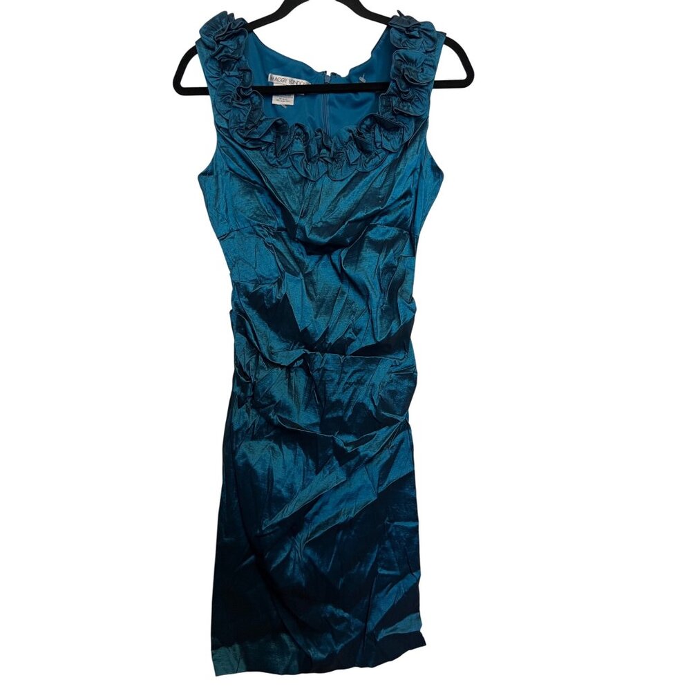 Maggy London Ruffle Neck Sleeveless Teal Sheath Dress Size 12